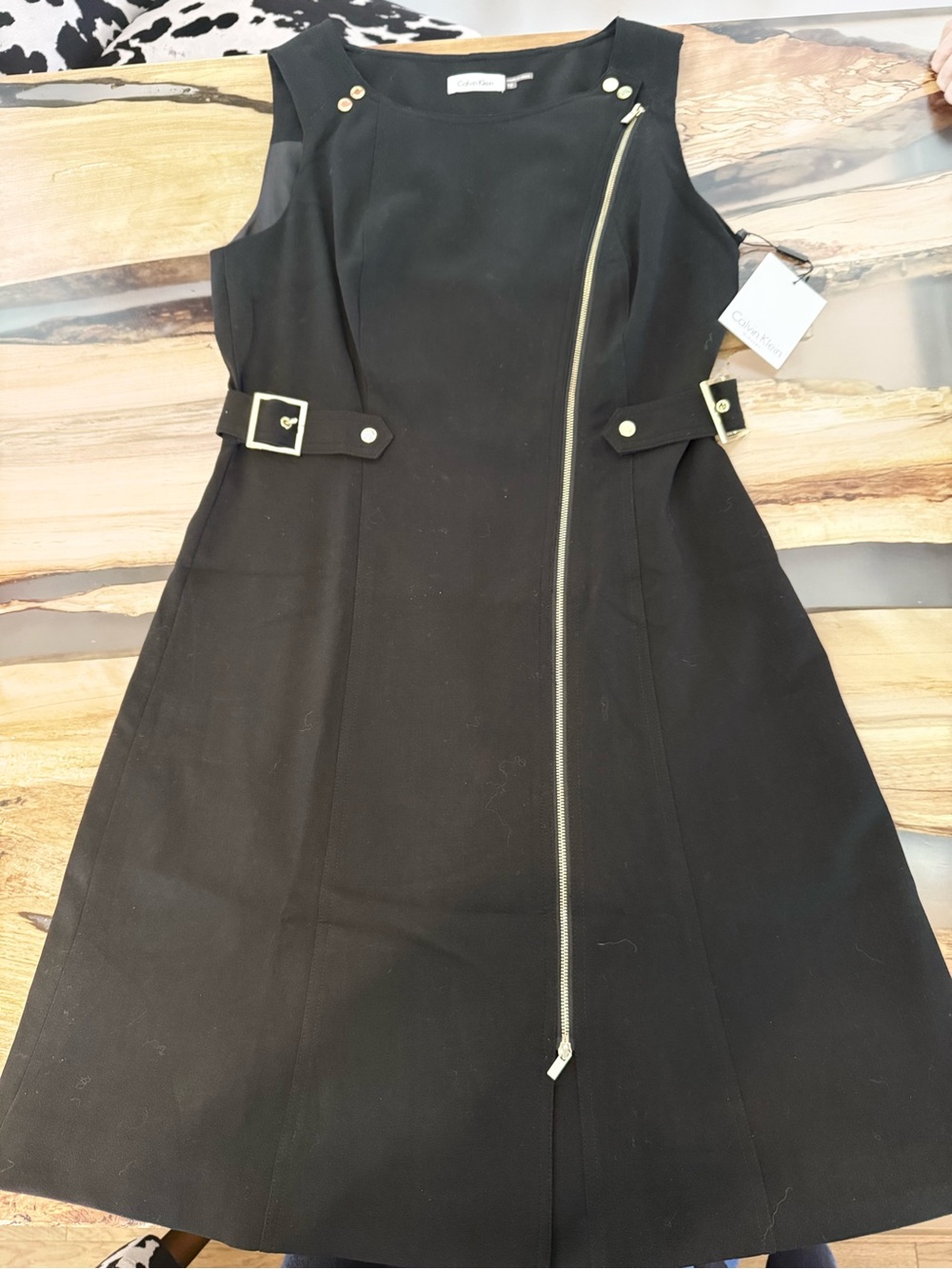 Calvin Klein Black Sleeveless A-Line Dress with Gold Zip Accents